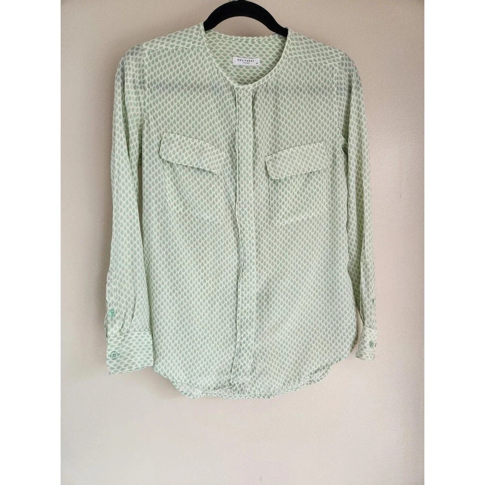 Equipment Collarless Silk Shirt XS Green Ivory